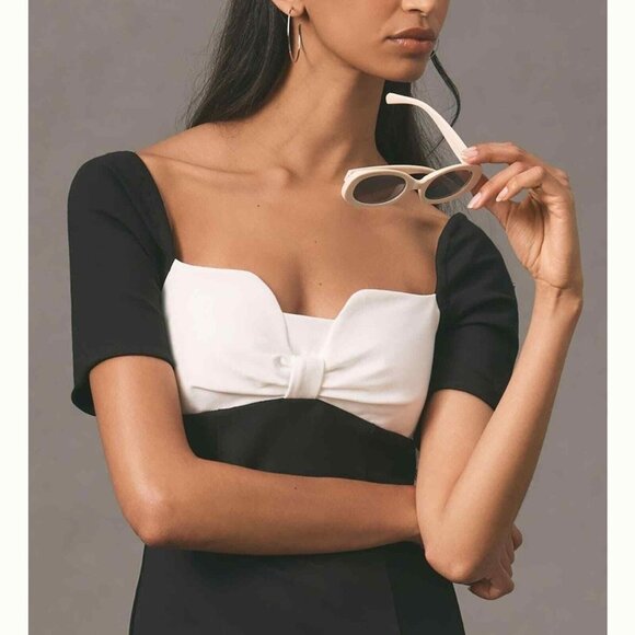 Anthropologie Maeve New Bow-Front Shift Mini Dress Black & White Size M Knit - Picture 3 of 14
